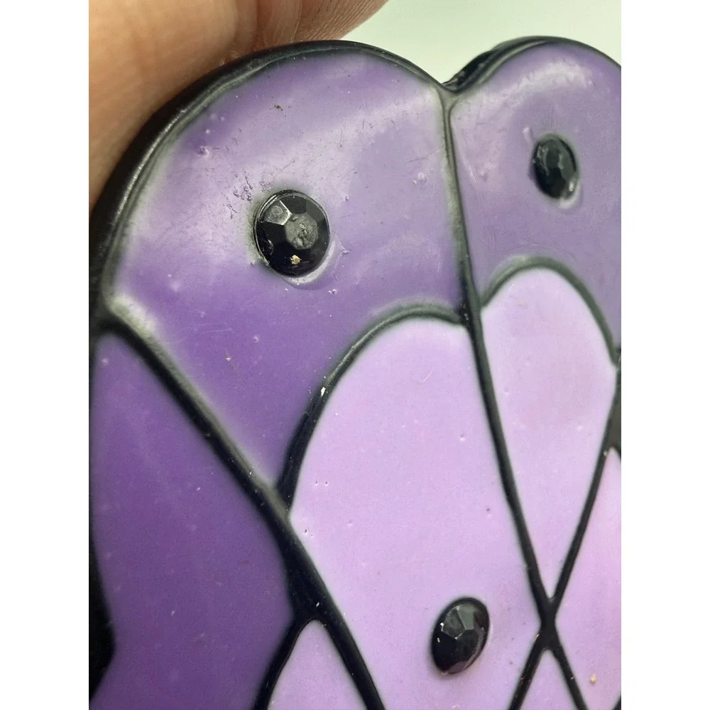 Vintage Purple Flower Enamel Belt Buckle Black Rhinestone Scalloped Retro Boho